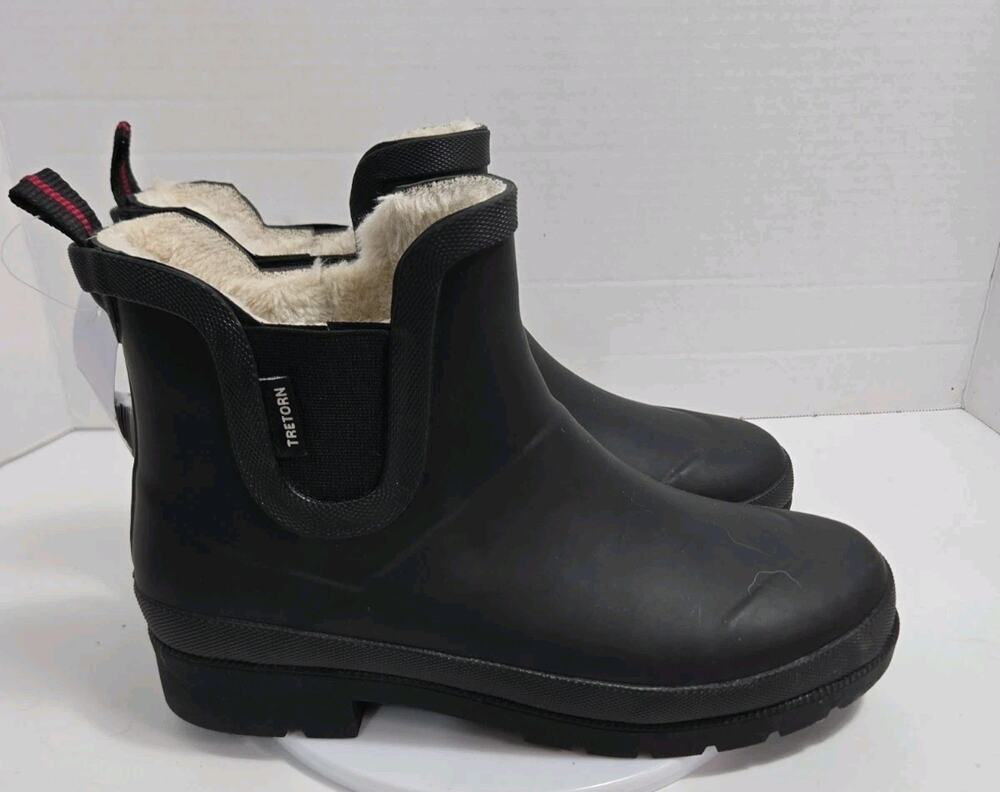 Tretorn Boots Womens Size 9 Black lina Rubber Ankle Faux Fur Lined Rain Winter